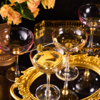 Pallo Tinted Pink Glass Crystal Champagne Saucers 9OZ Set Of 4 By Prosecco Flower De