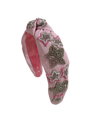 Headband Knot - Pink with Silver Stars