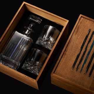 Police Tactical Blue Tattered American Flag Whiskey Decanter Gift Set 730ML Decanter 2 Whiskey Glass