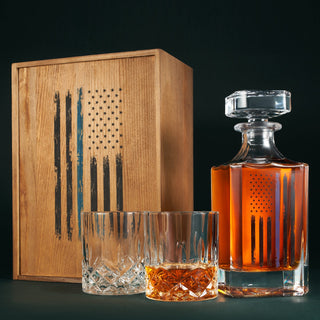 Police Tactical Blue Tattered American Flag Whiskey Decanter Gift Set 730ML Decanter 2 Whiskey Glass
