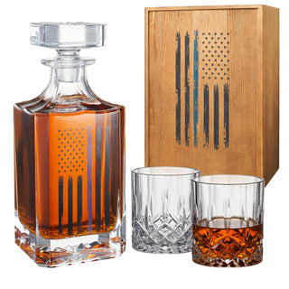 Police Tactical Blue Tattered American Flag Whiskey Decanter Gift Set 730ML Decanter 2 Whiskey Glass