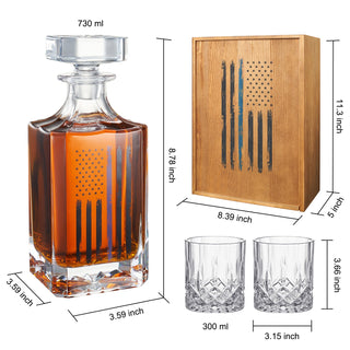 Police Tactical Blue Tattered American Flag Whiskey Decanter Gift Set 730ML Decanter 2 Whiskey Glass