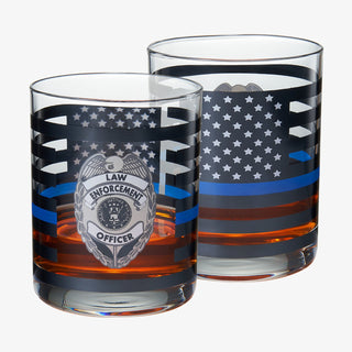 Police Whiskey Glasses Set Of 2 12 Oz Old Fashioned Liquor Glasses American Flag Blue Line Fire Figh