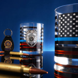 Police Whiskey Glasses Set Of 2 12 Oz Old Fashioned Liquor Glasses American Flag Blue Line Fire Figh