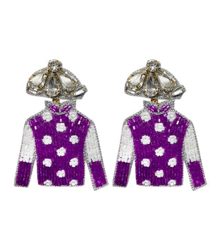 Derby Jersey Silk Earrings -  White with Purple Dots