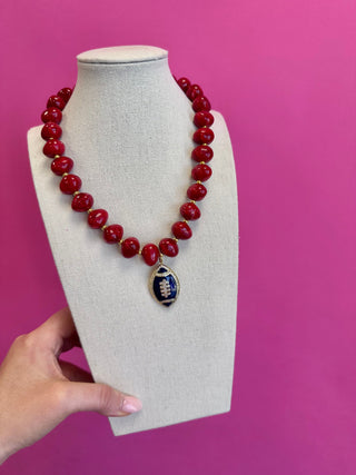 Game Day Football Charm Beaded Necklace - Red and Navy