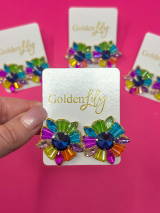 Rhinestone and Bead Burst Earrings - Multi