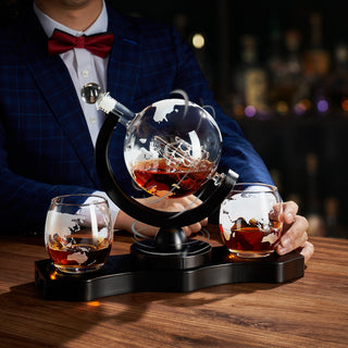 Rotating Whiskey Decanter Globe Set With 2 10OZ Etched Whiskey Glasses 29 Oz Moving Interactive Worl