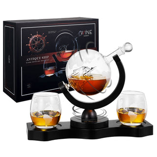 Rotating Whiskey Decanter Globe Set With 2 10OZ Etched Whiskey Glasses 29 Oz Moving Interactive Worl