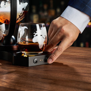 Rotating Whiskey Decanter Globe Set With 2 10OZ Etched Whiskey Glasses 29 Oz Moving Interactive Worl