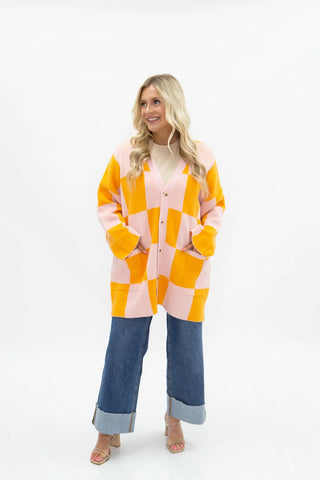 Pink & Orange Checkered Cardigan