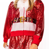 QOS Red Sequin Feather Trim Santa Sweater