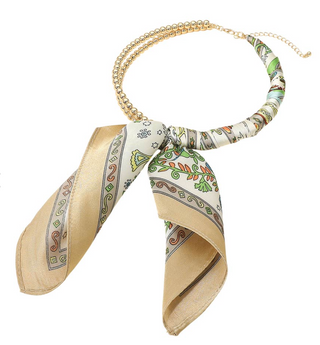 Scarf and Gold Bead Necklace - Tan and Olive