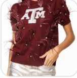 QOS Licensed Texas A&M Mascot Scattered Jewel Feather Short Sleeve Sweater