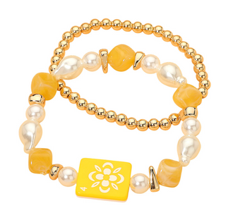 Mahjong Pearl Stackable Bracelet - Yellow Flower