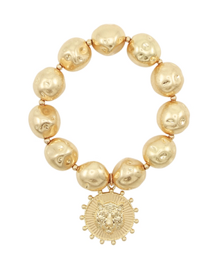 Gold Beaded Bracelet with Tiger Charm