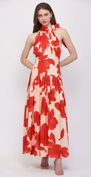 Coral Bloom Halter Neck Maxi