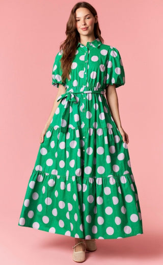 Polka Dot Poplin Puff Sleeve Cotton Dress - Green