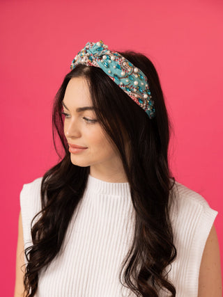 Spring Floral Print Headband - Blue Rhinestone Pink Paisley