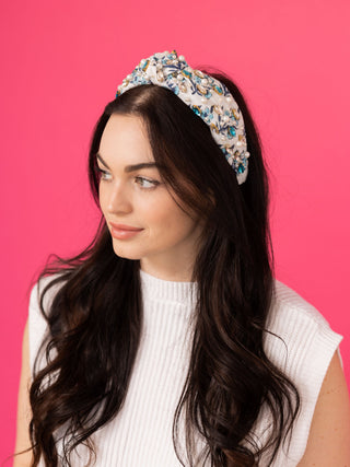 Spring Floral Print Headband - Blue and Clear Rhinestone