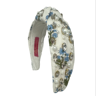 Spring Floral Print Headband - Clear Rhinestone with Blue Flowers