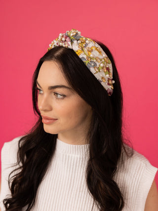 Spring Floral Print Headband - Gold Rhinestone Multi Flowers