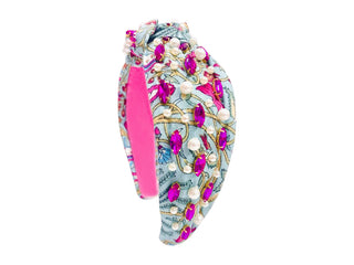 Spring Floral Print Headband - Pink Rhinestone Blue Floral