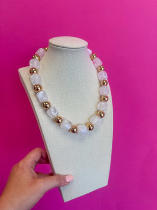 Statement Bead Necklace with Mix Gold Bead - White