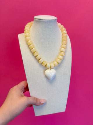 Statement Beaded Heart Necklace - Cream