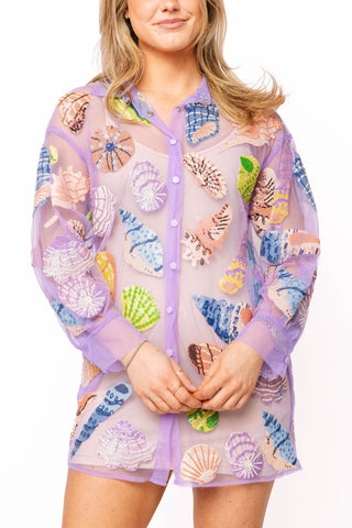 QOS Purple Sheer Multi Sea Shell Button Up Coverup