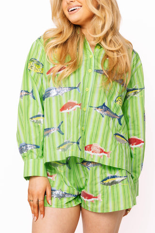QOS Green Striped Multi Fish Button Up Top