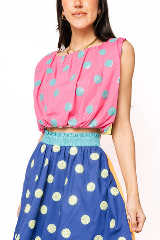 QOS Colorblock Multi Polka Dot Cotton Bubble Top