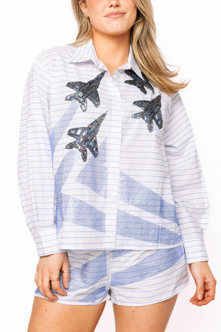 QOS White & Blue Striped Blue Angels Cotton Button Up Top