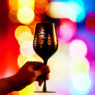 Crystal Winter Trees Black Gold Stemmed Wine Glasses Set Of 2 Glass Colored Vibrant Black Gold Etche