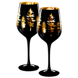 Crystal Winter Trees Black Gold Stemmed Wine Glasses Set Of 2 Glass Colored Vibrant Black Gold Etche