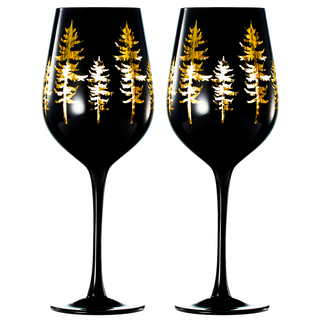 Crystal Winter Trees Black Gold Stemmed Wine Glasses Set Of 2 Glass Colored Vibrant Black Gold Etche