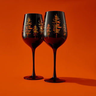 Crystal Winter Trees Black Gold Stemmed Wine Glasses Set Of 2 Glass Colored Vibrant Black Gold Etche