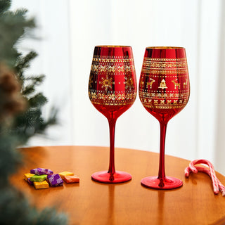 Crystal Christmas Tree Wine Water Glasses Set Of 2 Holiday Themed Red Gold Etched Winter Snow Wonder
