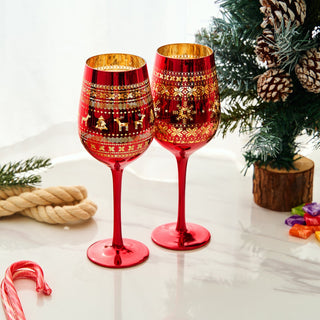 Crystal Christmas Tree Wine Water Glasses Set Of 2 Holiday Themed Red Gold Etched Winter Snow Wonder