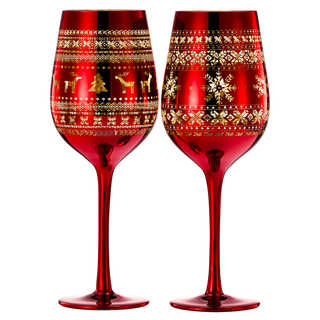 Crystal Christmas Tree Wine Water Glasses Set Of 2 Holiday Themed Red Gold Etched Winter Snow Wonder