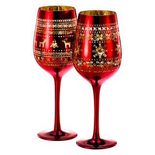 Crystal Christmas Tree Wine Water Glasses Set Of 2 Holiday Themed Red Gold Etched Winter Snow Wonder