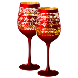 Crystal Stemmed Christmas Wine Glasses Goblets Set Of 2 Vibrant Themed Red Gold Etched Winter Snow W