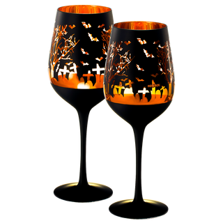 Crystal Halloween Stemmed Wine Glasses Set Of 2 Themed Vibrant Black Gold Etched Spooky Graveyard Pa