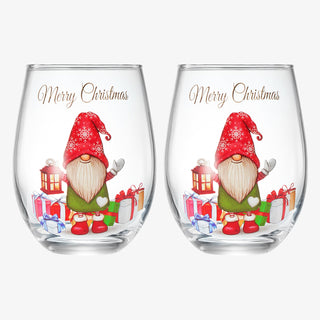 Stemless Christmas Gnome Wine Glass Single Red Green Cheer For Holiday Gift And Winter Season 17 Oz