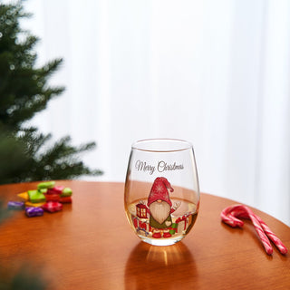 Stemless Christmas Gnome Wine Glass Single Red Green Cheer For Holiday Gift And Winter Season 17 Oz