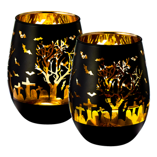 Crystal Halloween Stemless Wine Glass Set Of 2 Themed Vibrant Black Gold Etched Spooky Graveyard Pat