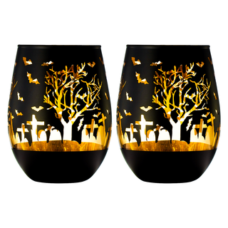 Crystal Halloween Stemless Wine Glass Set Of 2 Themed Vibrant Black Gold Etched Spooky Graveyard Pat