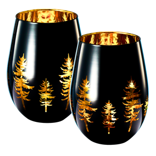 Crystal Holiday Winter Christmas Trees Black Gold Stemless Wine Glasses Set Of 2 Glass Colored Vibra