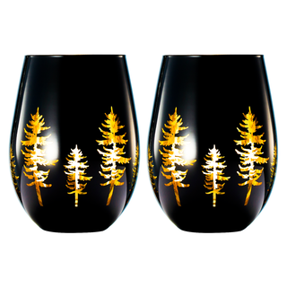 Crystal Holiday Winter Christmas Trees Black Gold Stemless Wine Glasses Set Of 2 Glass Colored Vibra