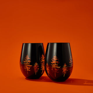 Crystal Holiday Winter Christmas Trees Black Gold Stemless Wine Glasses Set Of 2 Glass Colored Vibra